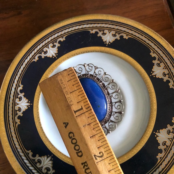 Large Vintage Blue Lapis Sterling Silver Brooch Pendant - Picture 8 of 10